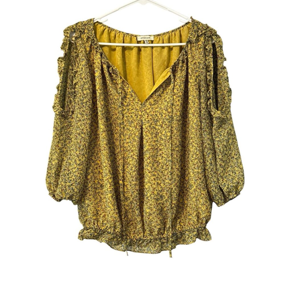 Max Studio Size Medium Yellow Floral Long Sleeve Peasant Blouse Cottagecore